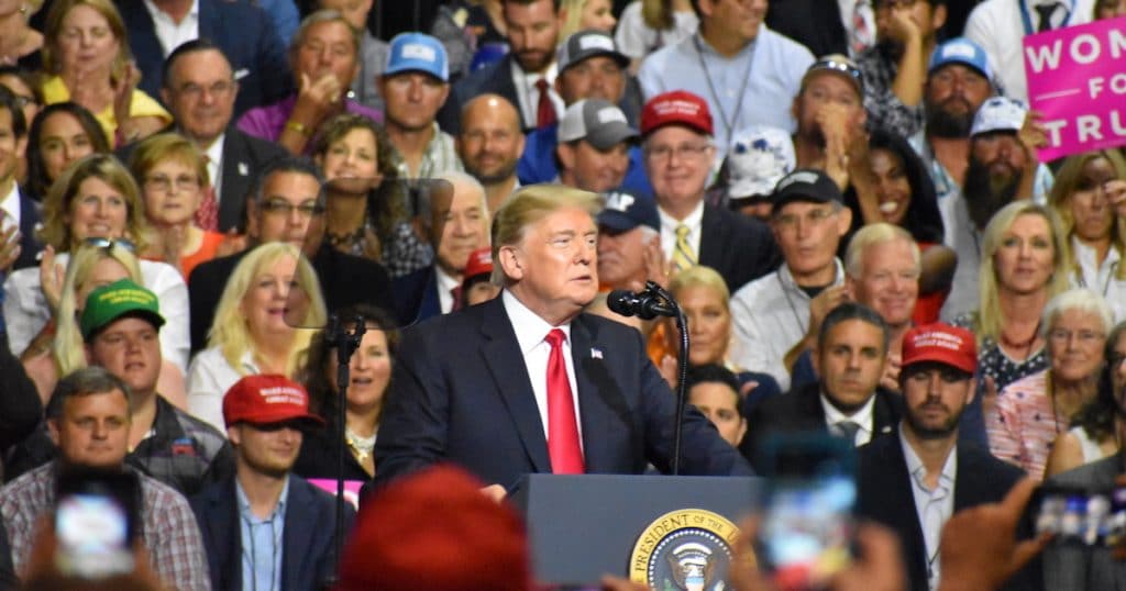 President Donald Trump jokes with the crowd President Donald Trump touts record low unemployment for minorities during a rally in Tampa, Florida on Tuesday, July 31, 2018. (Photo: Laura Baris/People's Pundit Daily)