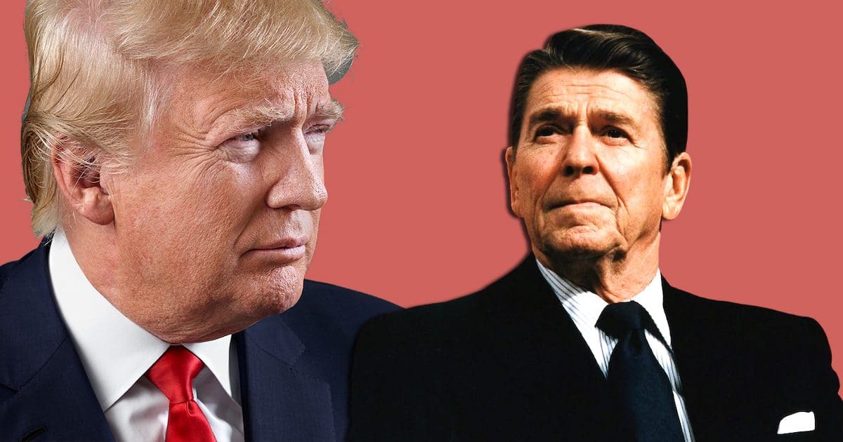 Presidents Donald Trump, left, and Ronald Reagan, right, graphic concept.