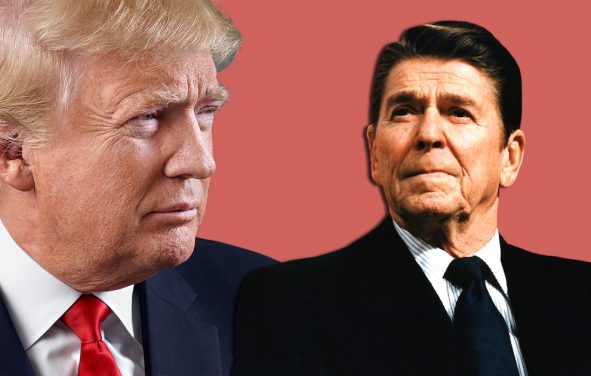 Presidents Donald Trump, left, and Ronald Reagan, right, graphic concept.