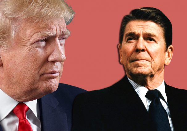 Presidents Donald Trump, left, and Ronald Reagan, right, graphic concept.