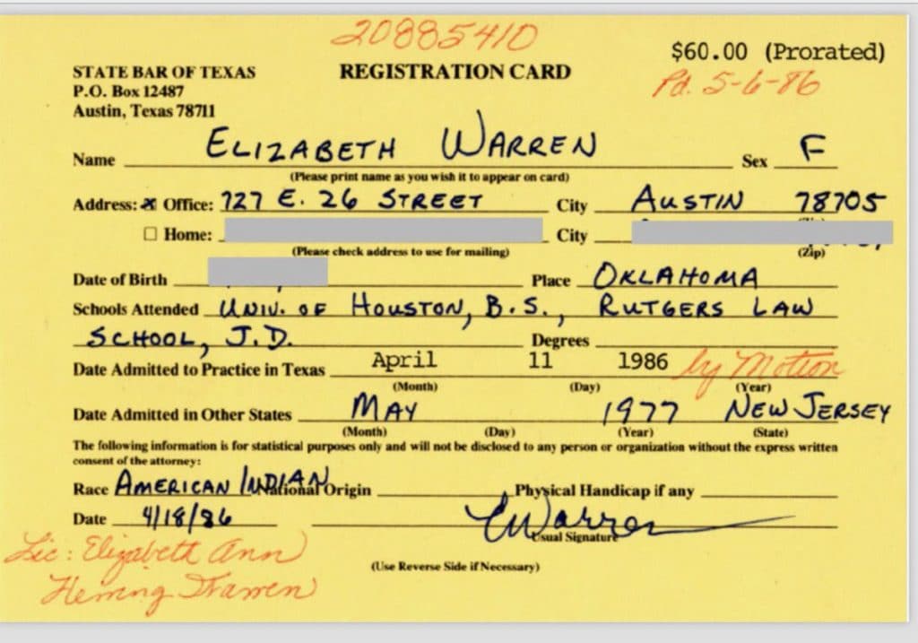 Elizabeth Warren, D-Mass., application to the Texas State Bar.