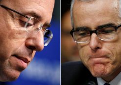 U.S. Deputy Attorney General Rod Rosenstein, left, and former FBI Deputy Director Andrew McCabe testifying before a Senate Intelligence Committee hearing on the Foreign Intelligence Surveillance Act (FISA) in Washington. (Photos: Reuters)