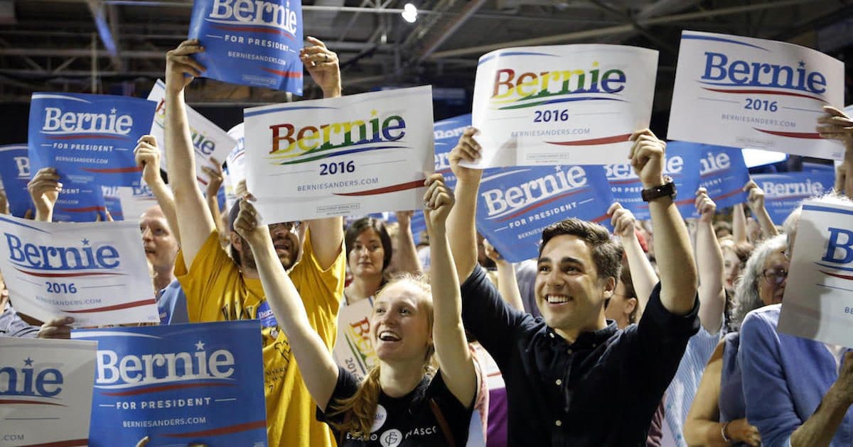 Supporters of Democratic presidential candidate Sen. Bernie Sanders, I-Vt., cheer at a campaign rally in Portland, Maine. Sanders is packing 'em in: 10,000 people in Madison, Wis.; more than 2,500 in Council Bluffs, Iowa; another 7,500 in Portland, Maine.