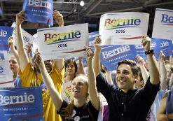 Supporters of Democratic presidential candidate Sen. Bernie Sanders, I-Vt., cheer at a campaign rally in Portland, Maine. Sanders is packing 'em in: 10,000 people in Madison, Wis.; more than 2,500 in Council Bluffs, Iowa; another 7,500 in Portland, Maine.
