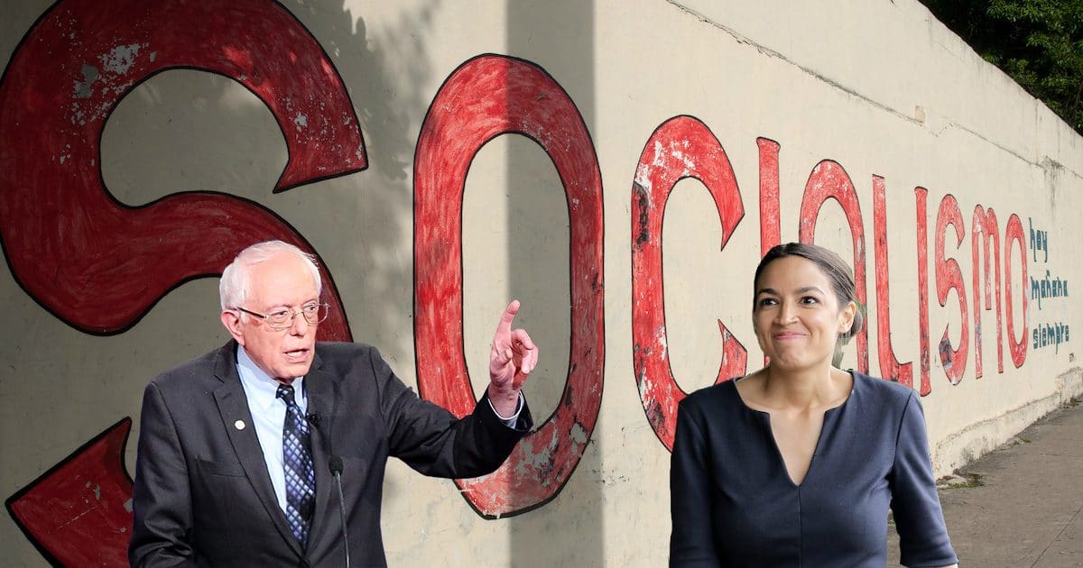 Un mur de propagande, or a propaganda wall, promoting socialism behind Senator Bernie Sanders, D-I, Vt., left, and Alexandria Ocasio-Cortez, D-N.Y., right.
