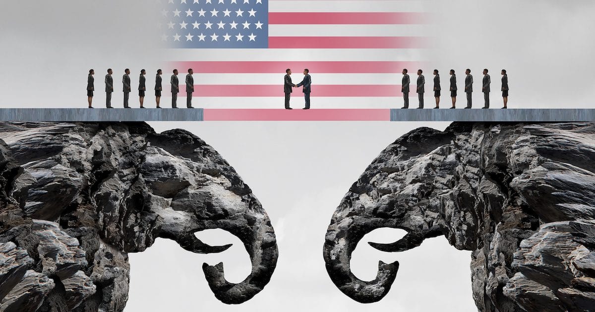 American conservative agreement and Republican reconciliation concept as two mountain cliffs shaped as an elephant symbol coming together as an American political accord symbolized as a 3D illustration. (Photo: AdobeStock)
