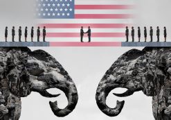 American conservative agreement and Republican reconciliation concept as two mountain cliffs shaped as an elephant symbol coming together as an American political accord symbolized as a 3D illustration. (Photo: AdobeStock)