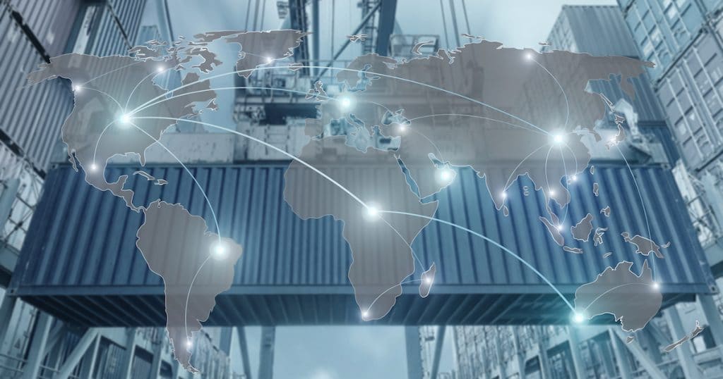 Import, Export, Logistics concept - Map global partner connection of Container Cargo freight ship for Logistic Import Export background (Photo: AdobeStock/Elements of this image furnished by NASA)