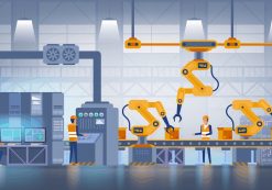 Industry production 4.0 and technology concept, depicting factory production on a conveyor belt with factory operational workers in uniform. (Photo: AdobeStock)