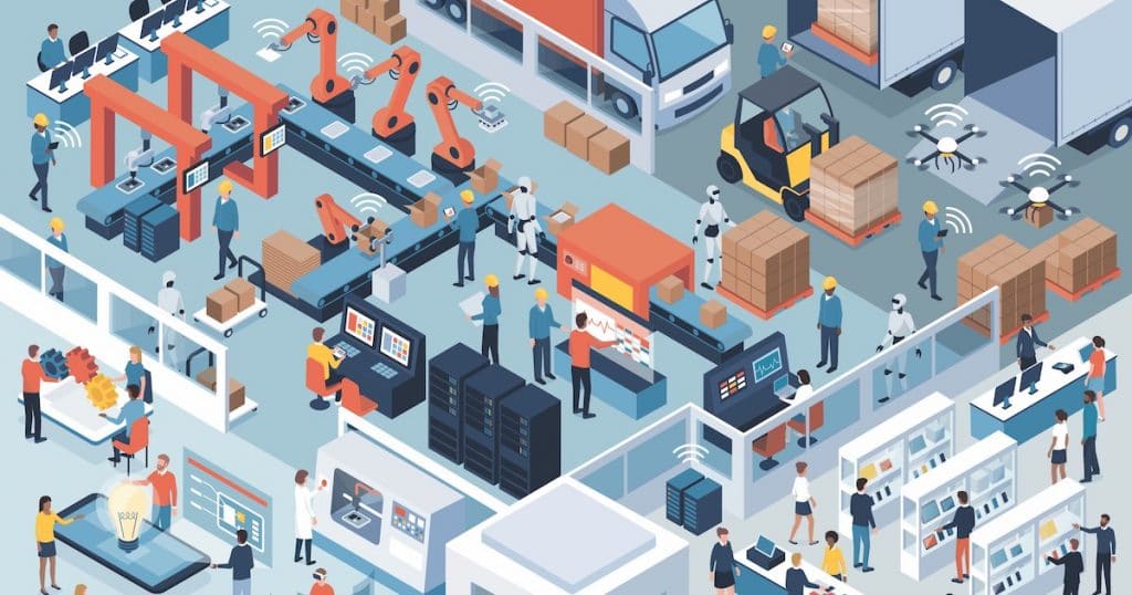 Manufacturing industry production concept, depicting factory production on a conveyor belt with factory operational workers in uniform. (Photo: AdobeStock)