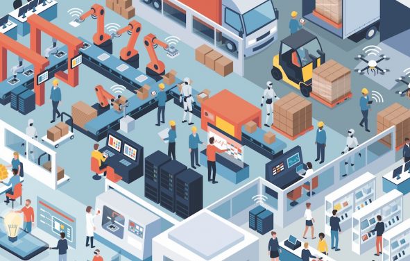 Manufacturing industry production concept, depicting factory production on a conveyor belt with factory operational workers in uniform. (Photo: AdobeStock)