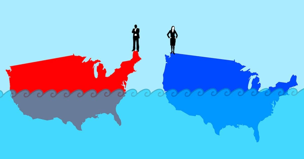 Republican Red American and Democratic Blue America floating and sinking. (Source: AdobeStock)