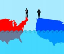 Republican Red American and Democratic Blue America floating and sinking. (Source: AdobeStock)