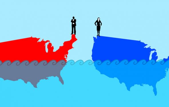 Republican Red American and Democratic Blue America floating and sinking. (Source: AdobeStock)
