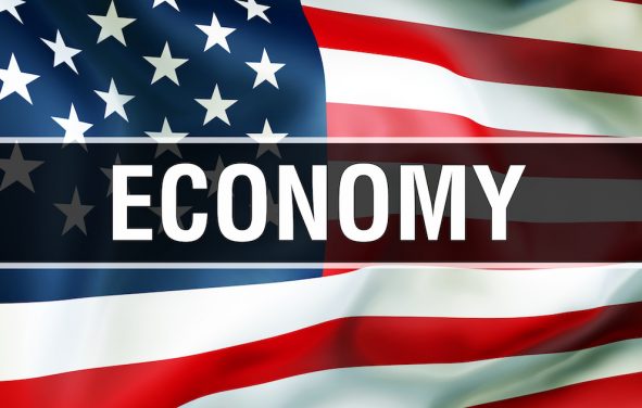 U.S. economy on an American flag background waving in the wind, in 3D rendering. (Photo: AdobeStock)