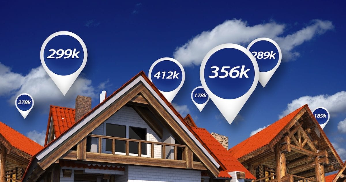 Real estate market with price tags above home properties to illustrate house prices in 3D abstract. (Photo: AdobeStock)