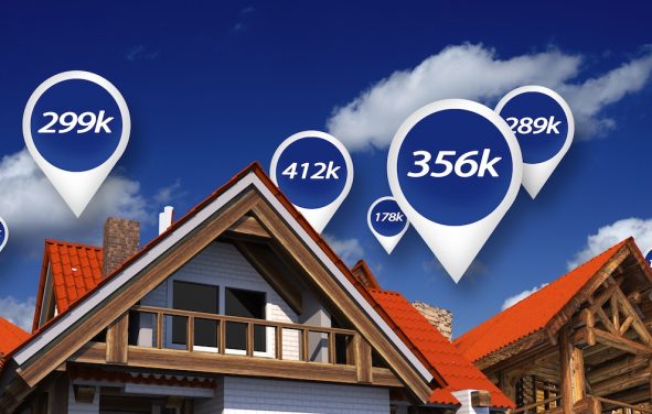 Real estate market with price tags above home properties to illustrate house prices in 3D abstract. (Photo: AdobeStock)