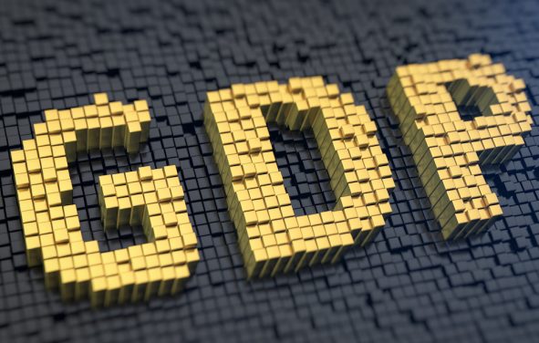 Gross domestic product (GDP) graphic concept with yellow square pixels on a black matrix background. (Photo: AdobeStock)