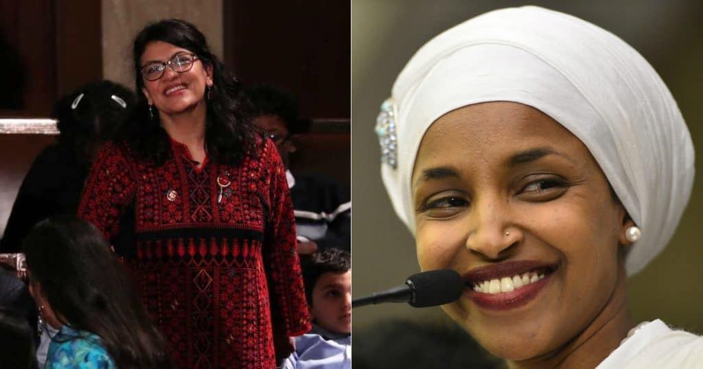 Representatives Rashida Tlaib, D-Mich., left, Ilhan Omar, D.Minn., right.