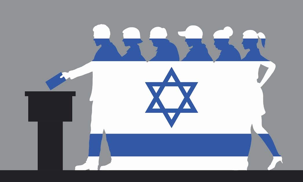 Graphic concept of Israeli voters in a line crowd silhouette behind an Israeli flag voting for an election. (Photo: AdobeStock)