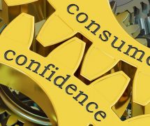Consumer confidence 3D gear graphic reporting the Conference Board Consumer Confidence Index.