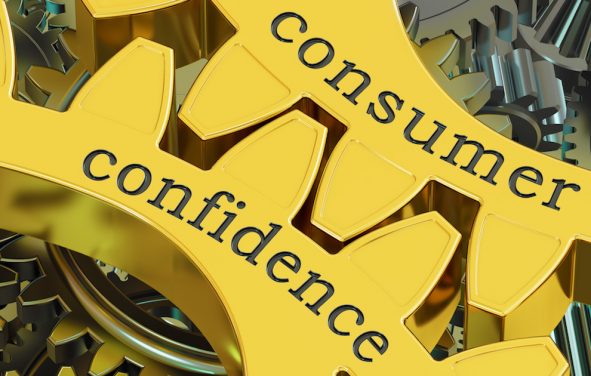 Consumer confidence 3D gear graphic reporting the Conference Board Consumer Confidence Index.