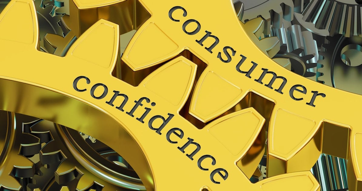 Consumer confidence 3D gear graphic reporting the Conference Board Consumer Confidence Index.