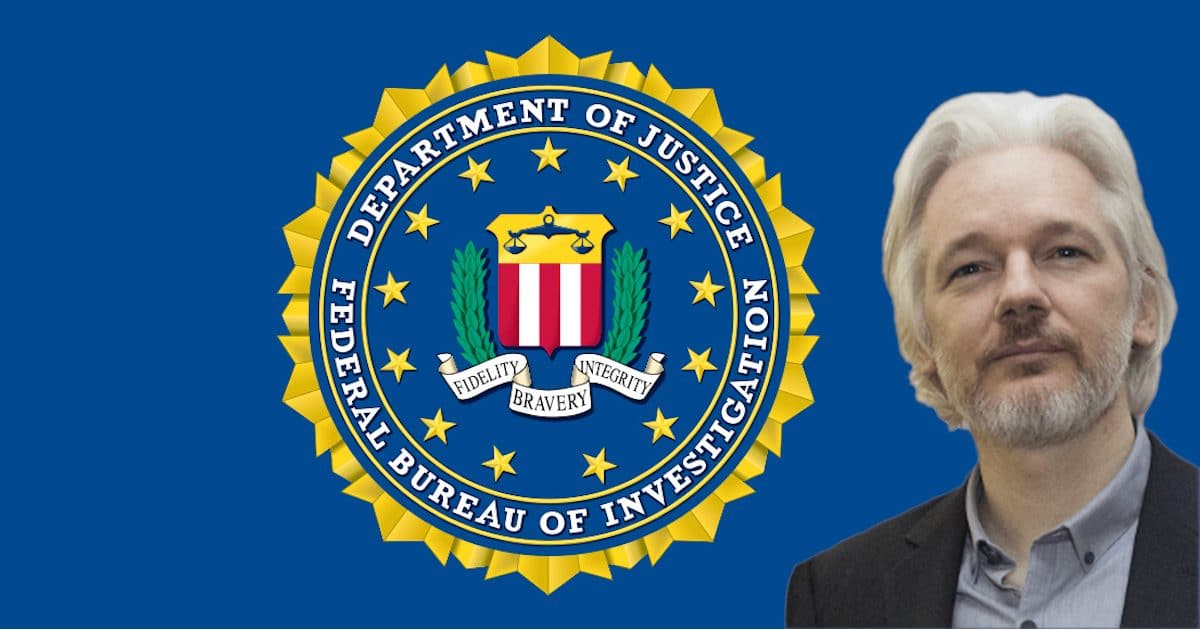 WikiLeaks founder Julian Assange imposed over a graphic concept for the Department of Justice (DOJ) and the Federal Bureau of Investigations (FBI). (Photo: AdobeStock/PPD)