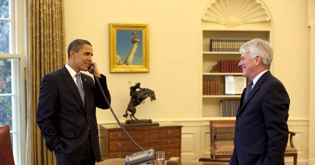 Former President Barack Obama and former White House Counsel Gregory Craig talk with Supreme Court Justice David Souter during an Oval Office phone all Friday afternoon, May 1, 2009. (Photo: Official White House Photo by Pete Souza)