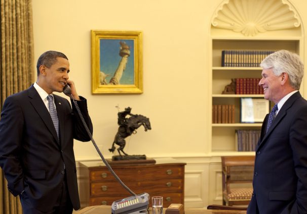 Former President Barack Obama and former White House Counsel Gregory Craig talk with Supreme Court Justice David Souter during an Oval Office phone call on Friday, May 1, 2009. (Photo: Official White House Photo by Pete Souza)