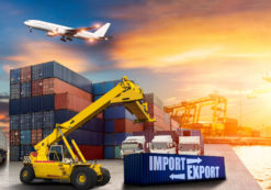 Logistics and transportation of import export container cargo ship, cargo plane with working crane bridge in shipyard at sunrise, logistic import export and transport industry background. (Photo: ADobeStock)