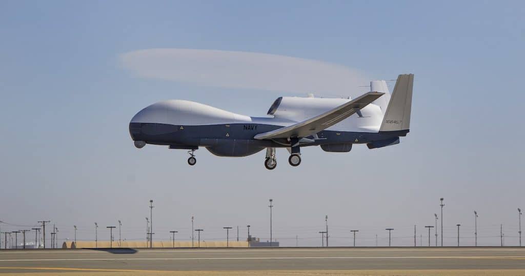 PALMDALE, Calif. (May 22, 2013) The Triton unmanned aircraft system completes its first flight May 22, 2013 from the Northrop Grumman manufacturing facility in Palmdale, Calif. The 80-minute flight successfully demonstrated control systems that allow Triton to operate autonomously. Triton is designed to fly surveillance missions up to 24-hours at altitudes of more than 10 miles, allowing coverage out to 2,000 nautical miles. The system's advanced suite of sensors can detect and automatically classify different types of ships. (Photo: Courtesy of the U.S. Navy via Northrop Grumman)