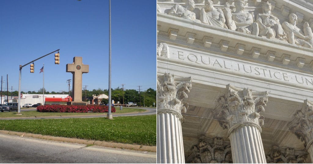 The Supreme Court of the United States (SCOTUS), left, and the Bladensburg World War I Memorial, more commonly referred to as the Peace Cross. (Photo: AdobeStock/Ben Jacobson via WikiCommons)