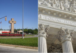 The Supreme Court of the United States (SCOTUS), left, and the Bladensburg World War I Memorial, more commonly referred to as the Peace Cross. (Photo: AdobeStock/Ben Jacobson via WikiCommons)