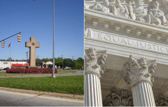 The Supreme Court of the United States (SCOTUS), left, and the Bladensburg World War I Memorial, more commonly referred to as the Peace Cross. (Photo: AdobeStock/Ben Jacobson via WikiCommons)