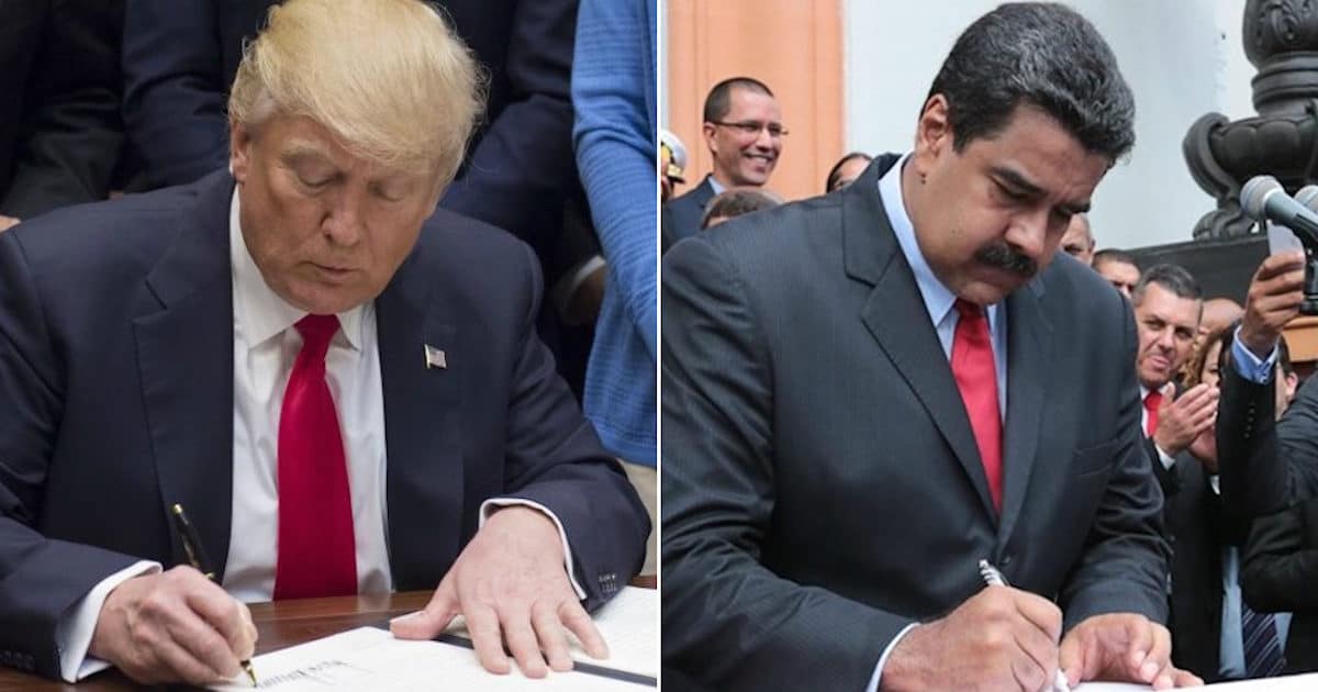 President Donald Trump signs an executive order, left, while Venezuela's President Nicolas Maduro, right, attends a signing ceremony. (Photos: Reuters/Miraflores Palace/Handout)