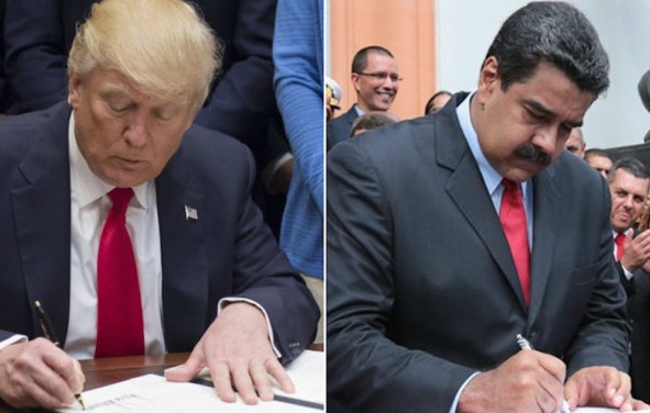 President Donald Trump signs an executive order, left, while Venezuela's President Nicolas Maduro, right, attends a signing ceremony. (Photos: Reuters/Miraflores Palace/Handout)