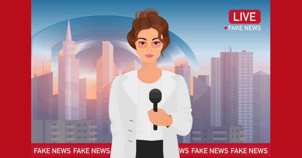 Graphic concept for the media industry depicting an anchorman woman with a city background delivering a fake breaking news tv broadcast for a news organization. (Photo: AdobeStock)