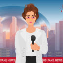 Graphic concept for the media industry depicting an anchorman woman with a city background delivering a fake breaking news tv broadcast for a news organization. (Photo: AdobeStock)