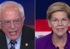 Senator Bernie Sanders, D/I-Vt., left, and Senator Elizabeth Warren, D-Mass., right, speak at the first Democratic Debate in Miami, Florida on June 26 and 27, 2019.