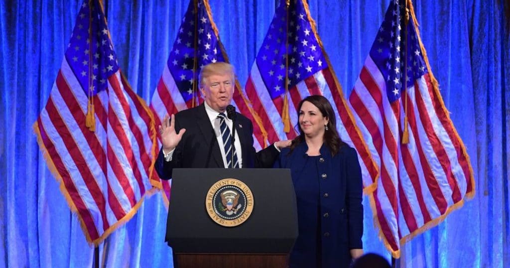 Republican National Committee Chairwoman Ronna McDaniel speaks at a December 2017 fundraiser in New York with President Donald Trump. (Photo: SS)