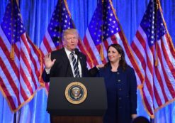 Republican National Committee Chairwoman Ronna McDaniel speaks at a December 2017 fundraiser in New York with President Donald Trump. (Photo: SS)
