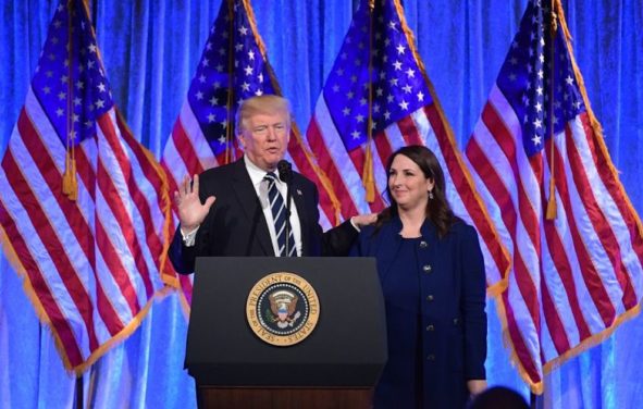 Republican National Committee Chairwoman Ronna McDaniel speaks at a December 2017 fundraiser in New York with President Donald Trump. (Photo: SS)