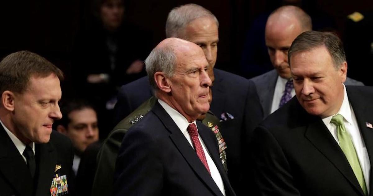 NSA Director Mike Rogers, left, Director of National Intelligence Daniel Coats, center, and CIA Director Mike Pompeo, right. (Photo: Reuters)