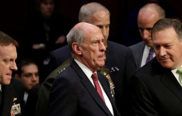 NSA Director Mike Rogers, left, Director of National Intelligence Daniel Coats, center, and CIA Director Mike Pompeo, right. (Photo: Reuters)