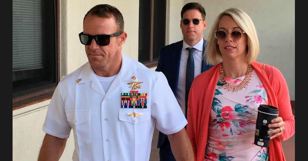 U.S. Navy SEAL Chief Edward Gallagher, left, and his wife, Andrea Gallagher arrive at military court Monday.