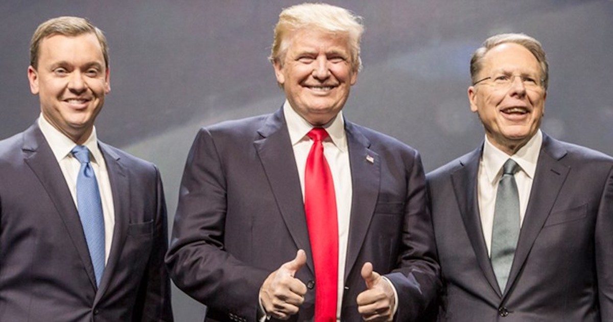 President Donald Trump, center, Wayne LaPierre, right, and Chris Cox, left, at the National Rifle Association (NRA) annual convention in Atlanta, Ga. (Photo: NRA)