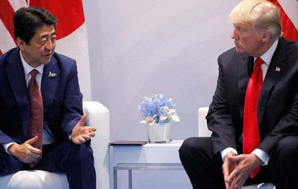Japanese Prime Minister Shinzo Abe shakes hands with U.S. President Donald Trump during the bilateral meeting at the G20 leaders summit in Hamburg, Germany July 8, 2017. (Photo: Reuters)