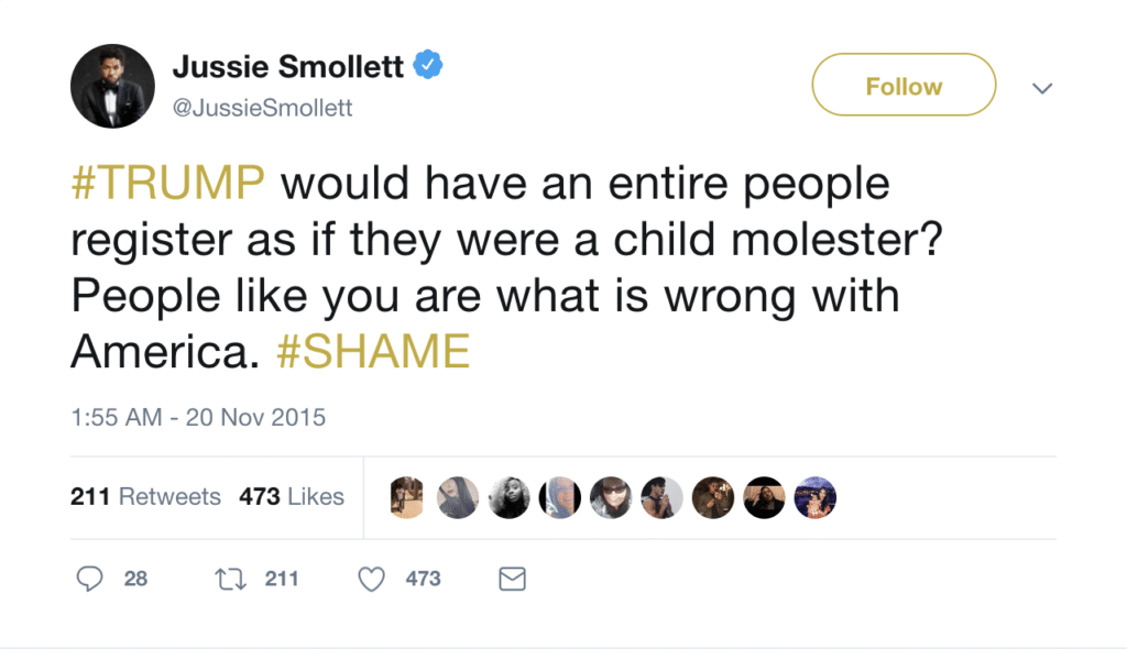 Jussie Smollett Muslim Registry Tweet November 2015. (Photo: Twitter Screenshot)