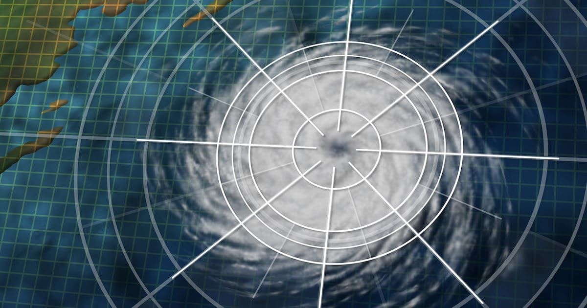 Hurricane graphic with digital monitoring analysis graph as a dangerous natural disaster weather system off an ocean coast in a 3D illustration style.